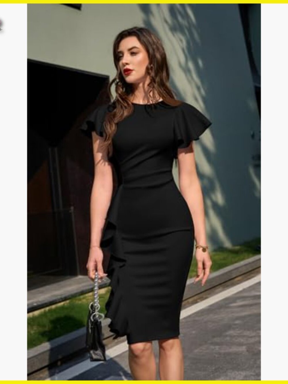 Vintage Ruffle Sleeve Bodycon Midi Dress Elegant Retro Work Formal Wear - Picture 6 of 7